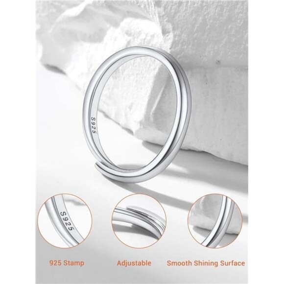 925 Sterling Silver Adjustable Open Ring for Women, Solid Sterling Silver Ring - Picture 3 of 8